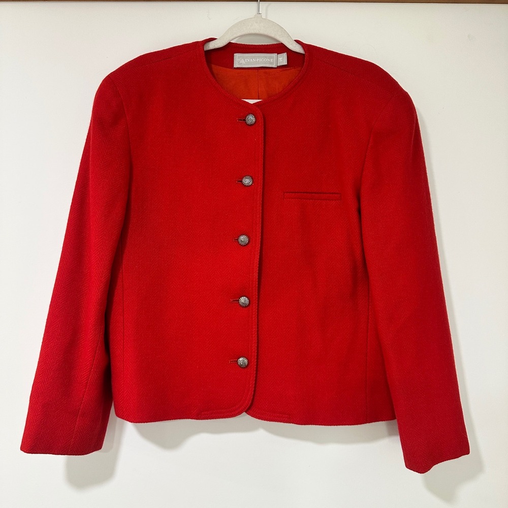 Evan-Picone Women Red Pure Wool Blazer Jacket 14 USA Vintage Professional Career